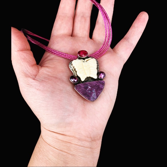 Hand Carved Butterfly Pearl Tourmaline Pin Pendant - Picture 2 of 11